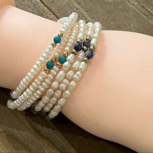 Two Freshwater Pearl Gemstone Memory Wire Bracelet